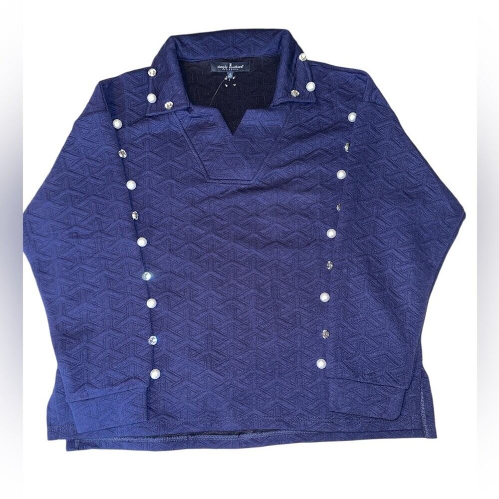 Simply Southern Women's Large Navy Blue Top with Pearls and Rhinestones NWT